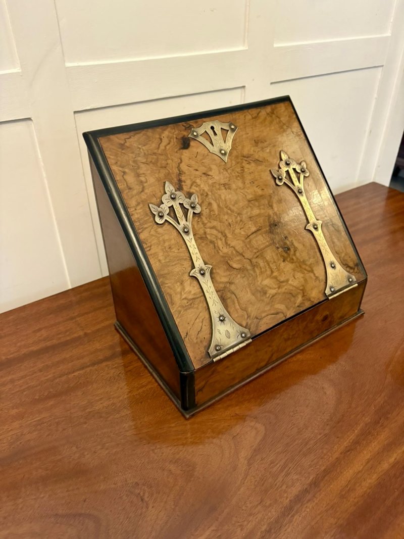 Unusual Antique Victorian Quality Burr Walnut Brass Mounted Stationery Box - Image 2